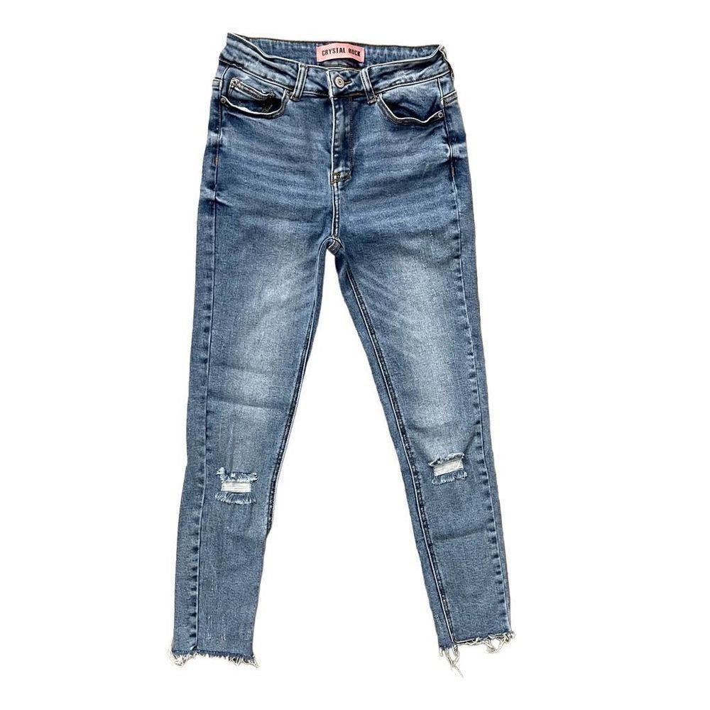 Crystal Rock High Rise Distressed Raw Hem Skinny Denim Jeans Size 7